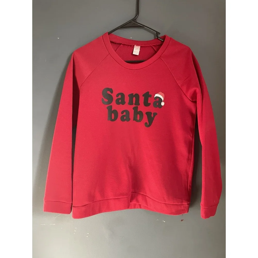 Womens Red Santa‎ Baby Crewneck Sweatshirt Christmas Holiday Pullover Size M - Picture 2 of 4